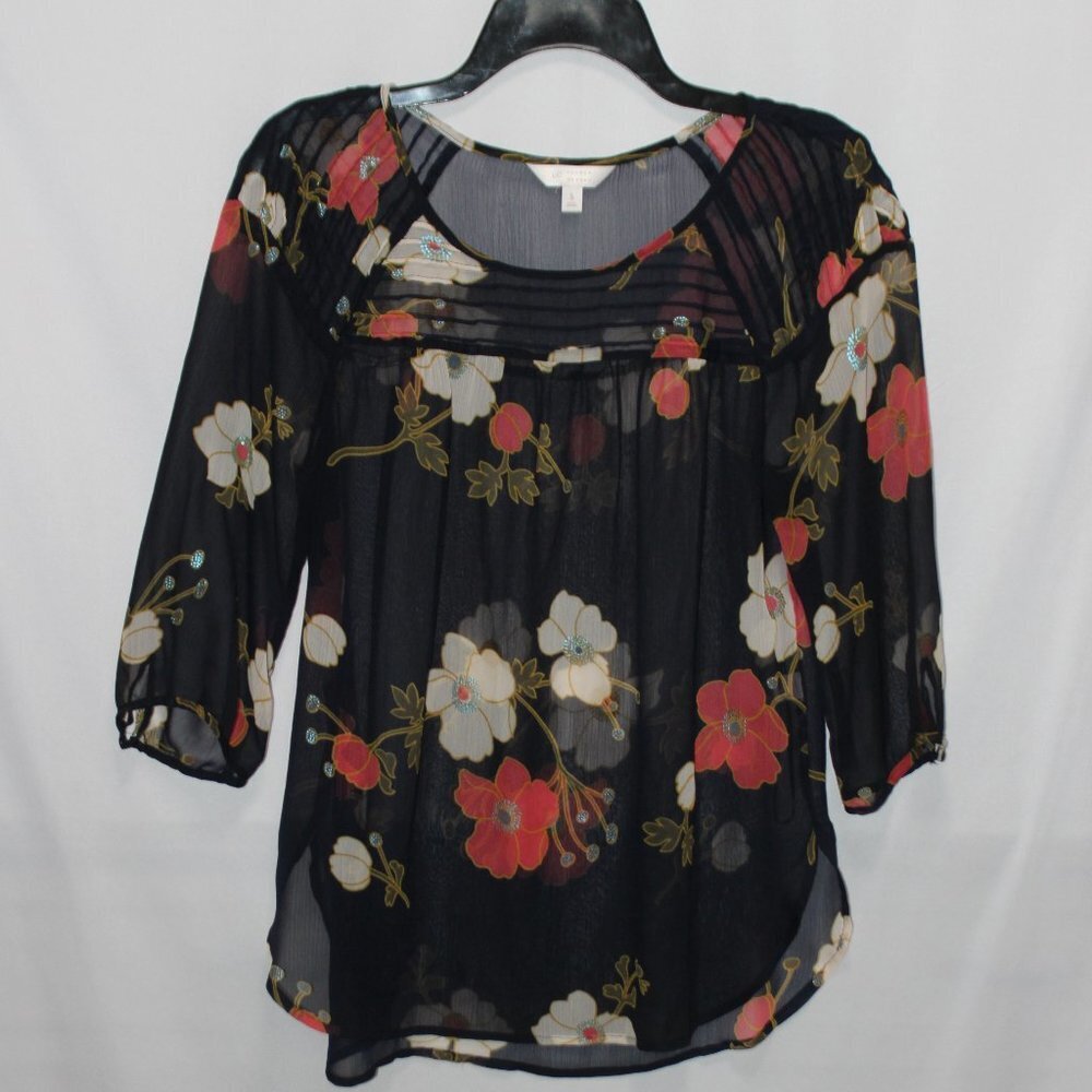 LC Lauren Conrad Navy Floral 3/4 Sleeve Top